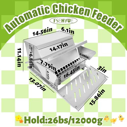 Automatic Metal Treadle Feeder 26lbs Capacity No Waste Automatic Chicken Feeder Galvanized Steel Large Metal Poultry Feeder Outdoor Coop Food Dispenser with Rain Cover