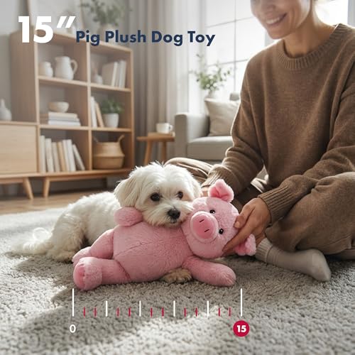 Petlou Plush Toys with Durable Squeaker and Crinkle Paper Dog Chew Toy in Colossal Size and Multi-Color (Pink Cute, 15 Inch Cut Pig)