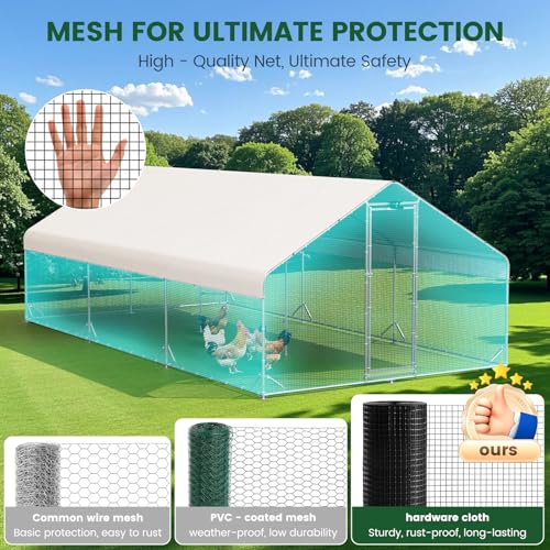 Large Walk-in Chicken Coop with Solar Light, Outdoor Metal Poultry Cage with Run & Hardware Cloth, Waterproof & UV-Resistant Hen House for Farm & Backyard - size: 234"L x 118"W x 78.2"H