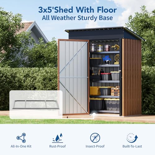 3x5FT Outdoor Storage Shed, Metal Garden Shed with with Floor Base,Updated Frame Structure & Lockable Door, Large Tool Shed for Backyard, Patio,Lawn,Utility & Bike Storage - size: 3x5 FT with Base