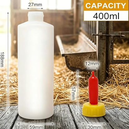 5-Pack Goat and Lamb Feeding Bottles with Silicone Nipples, 400ml Small Livestock Milk Feeder Kit for Sheep, Piglets, Calves, and Orphaned Animals, Hand-Rearing Nursing Set with 5 Replacement Nipples