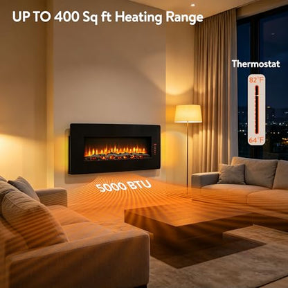 48" Curved Glass Electric Fireplace, Wall Fireplace Electric with Remote Control, 4 Adjustable Flame Colors, Wall Mounted/Freestanding, 1400W Fireplace Heater, Backlight, 3 Media Bed, Timer - size: 48 Inch Standard