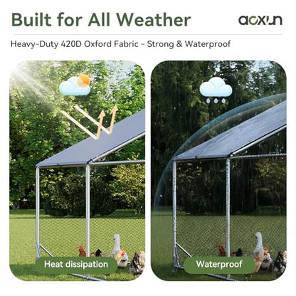 Aoxun Metal Chicken Coop, Outdoor Chicken Runs for Yard with Cover, Spire Roof Hen House Enclosure with Security Lock, Walk-in Cage Peak Hen House for Yard Farm (10x6.5x6.4 FT) - size: 120.0"L x 77.0"W x 76.8"H