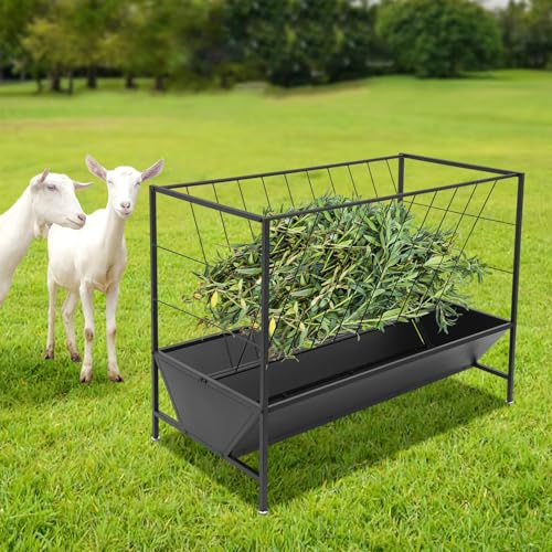 Pasture Hay Feeder, Metal Livestock Feeding Trough with 30 Gallon Feed Pan & 50 Gallon Grass Rack, Heavy Duty Livestock Hay Feeder for Goats, Sheeps, Horses