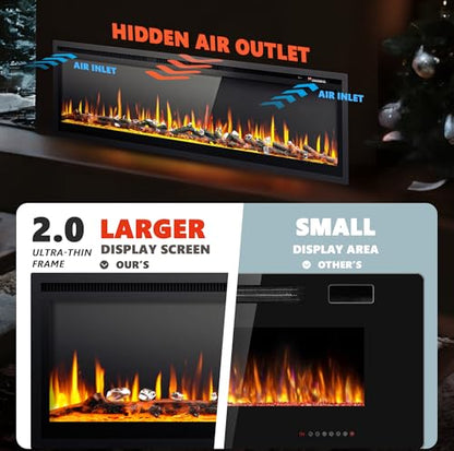 EUHOMY 60 Inch Electric Fireplace Recessed Wall Mounted Freestanding with Remote Control, Ultra-thin Fireplace Heater with Adjustable Flame Color, Linear Fireplace with Timer, Log & Crystal, 750/1500W - size: 60 Inch Premium