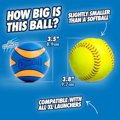 Chuckit Ultra Squeaker Dog Ball - Extra Large Bouncy and Squeaky Pet Toy for Dogs 100+ lbs - Floats on Water - Durable Rubber - Size XL - 3.5" Diameter - Pack of 1 - color: Squeaker, size: XL