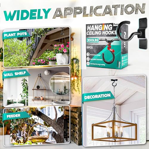 [UPGRADED] 8Pcs 200LBS Rotatable Ceiling Hooks with 4 Screw Points Plate Base, Black Wall Mount Metal Hanger for Hanging Plants, Bird Feeders, Lanterns, Lights, Wind Chimes, Indoor Outdoor Decor - style: 8PCS
