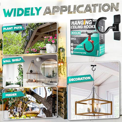 [UPGRADED] 8Pcs 200LBS Rotatable Ceiling Hooks with 4 Screw Points Plate Base, Black Wall Mount Metal Hanger for Hanging Plants, Bird Feeders, Lanterns, Lights, Wind Chimes, Indoor Outdoor Decor - style: 8PCS