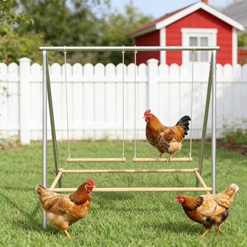 Chicken Swing Set, Metal Frame with Wooden Perches, Garden Poultry Entertainment, Coop Accessories,Chicken Perch for Coop,Chicken Roosting Bars