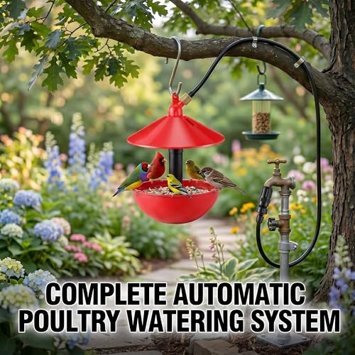 Automatic Poultry Waterer System with 5M Tubing, Hanging Chicken Waterer Bowl with 25 PSI Pressure Regulator, Brass Barb Connector & 3/4" GHT Adapter for Chickens, Ducks, Turkeys and Game Birds
