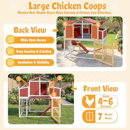 Large Chicken Coop with 4 Nesting Boxes for 4-6 Hens, Wooden Outdoor Hen House Chicken Tractor with Pull-Out Tray, 3 Perches, Expandable Backyard Chicken Run - size: 53.0"L x 35.0"W x 53.0"H