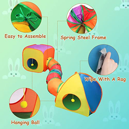 YUEPET Rabbit Tunnel and Cube Collapsible Tent Bunny Interactive Crinkle Tunnel Toys Small Animal Hideout with Play Ball for Dwarf Rabbit Bunny Guinea Pig (Rainbow) - color: Rainbow