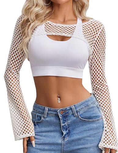 Avidlove Fishnet Crop Tops for Women Mesh Long Sleeve Top Bell Sleeves Y2k Tops Sexy Club Outfits XS-XXL - color: White, size: Large