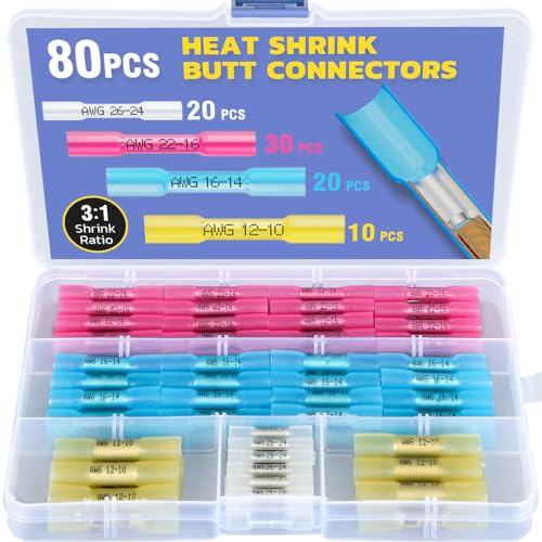 haisstronica 80PCS Heat Shrink Butt Connectors,AWG 26-10 Marine Grade Heat Shrink Wire Connectors,Tinned Red Copper Waterproof Wire Connectors(4Colors/4Sizes) - style: 80PCS