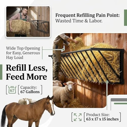 67 Gallon Heavy Duty Wall Mounted Hay Feeder, 63'' Long Hay Feeder for Horses, Easy Install, for Sheep, Livestock Feeders Hanging Indoor/Outdoor