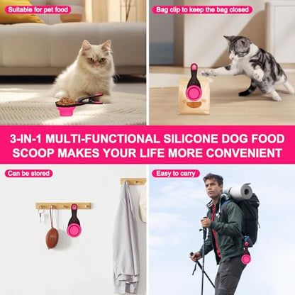 Collapsible Silicone Dog Food Scoop Foldable Pet Food Measuring Cup with Bag Clip 3 in 1 Multi-Function Silicone Dog Food Scooper (Rose Red, Small) - color: Rose Red, size: Small