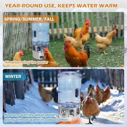 5 Gallon Heated Chicken Waterer Poultry Water Heater for Winter Stainless Steel Adjustable Temperature 8 Drinking Ports Heated Water Bowl for Chickens Ducks Geese Pigeons