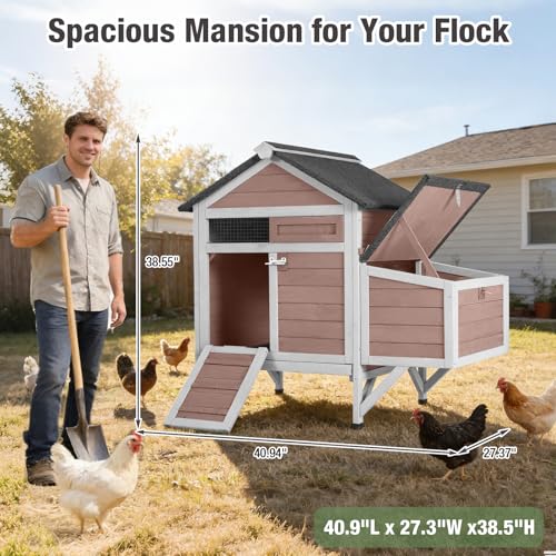 Small Chicken Coop with 2 Nesting Boxes, Wooden Hen House for 1-2 Chickens, Waterproof Asphalt Roof Poultry Hutch with Wildlife-Proof Latches, Roosting Bar and 4 Ground-Clearing Legs - color: Brown