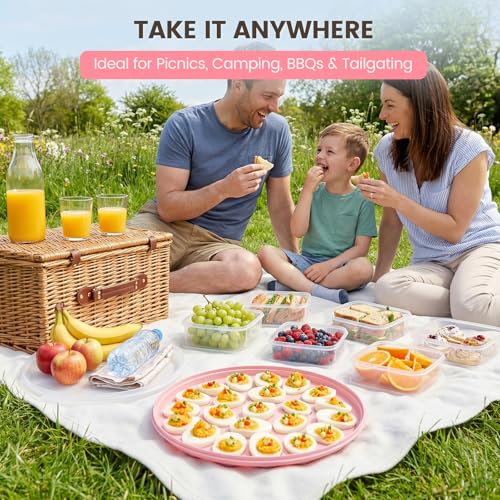 HANSGO Deviled Egg Containers with Lid, Deviled Egg Platter Carrier Holder Trays with 22 Slots for Holiday Party and Home Kitchen, Pink - color: Pink