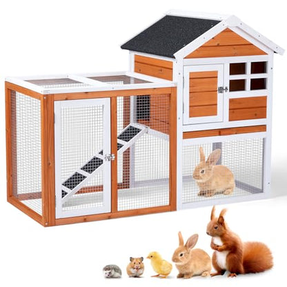 Outvita Rabbit Hutch, Small Wood Chicken Coop, 48" Guinea Pig Cage w/Pull-Out Tray, Waterproof Asphalt Roof, Chicken Run, Interactive Door for Small Animal Pen Outdoor
