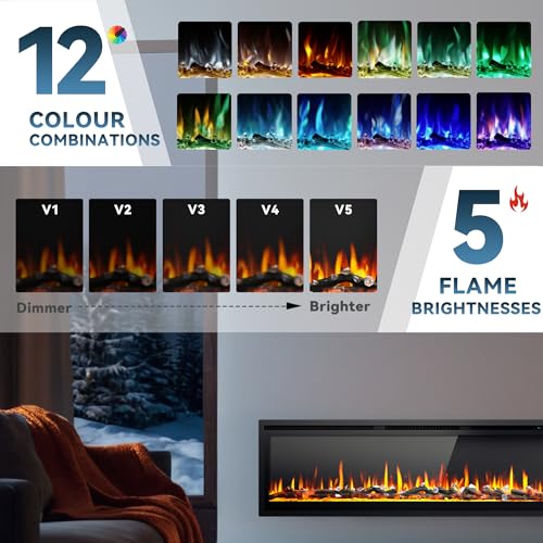 EUHOMY 60 Inch Electric Fireplace Recessed Wall Mounted Freestanding with Remote Control, Ultra-thin Fireplace Heater with Adjustable Flame Color, Linear Fireplace with Timer, Log & Crystal, 750/1500W - size: 60 Inch Premium