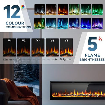EUHOMY 60 Inch Electric Fireplace Recessed Wall Mounted Freestanding with Remote Control, Ultra-thin Fireplace Heater with Adjustable Flame Color, Linear Fireplace with Timer, Log & Crystal, 750/1500W - size: 60 Inch Premium