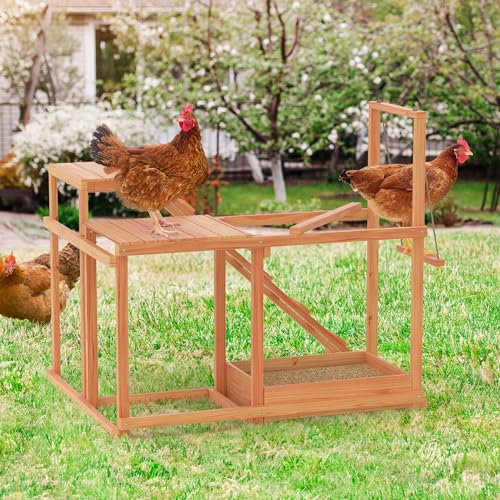 GOJOOASIS Chicken Activity Play Set - Poultry Run with Wood Stand, Ladder, Platforms, Swing, Food Storage, Chicken Toy for Coop, Outdoor Birds Pet Entertainment