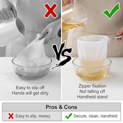 2 PCS Nut Milk Bag Reusable, 12inch x 12inch Fine Mesh Cheese Cloth Bags with Stainless Steel Handle Juice Strainer for Straining