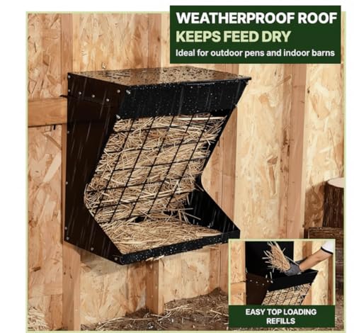 Wall Mount Hay Feeder for Goats, Covered Feeder for Horses with Roof, 2in1 25 Gallon hay Rack & Grain, Hanging Hook on Fence Mount, Galvanized Steel Goat hay Feeder for Sheep Cattle - Black