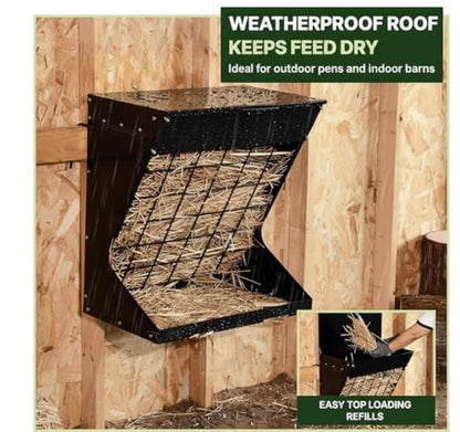 Wall Mount Hay Feeder for Goats, Covered Feeder for Horses with Roof, 2in1 25 Gallon hay Rack & Grain, Hanging Hook on Fence Mount, Galvanized Steel Goat hay Feeder for Sheep Cattle - Black