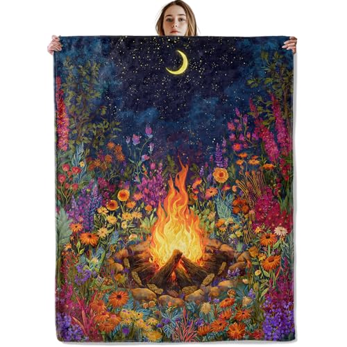 Campfire Flower Field Blanket, Soft Cozy Lightweight Colorful Floral, Moon and Bonfire Throw Blanket for Women Nature Lovers, Sofa Couch Bed 40x50 Inch Flannel Blankets for Travel Decor Gifts - color: Campfire47, size: 40×50 Inch