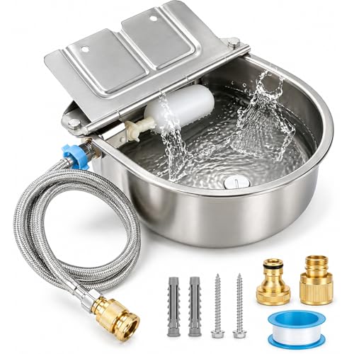 FHTONGE 304 Stainless Steel Automatic Dog Water Bowl Dispenser with Drainage and Float Valves, Large Auto Fill Dog Waterer for Outdoor Big Dog Livestock Poultry Horse Cow Goat Pig Chicken Duck Rabbit