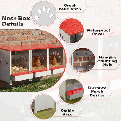 Chicken Nesting Boxes, 3 Hole Large Metal Hen Laying Box with Swing Perch and Roll Away Egg Collection, Wall Mountable with Vented Holes for Chickens Ducks Birds - size: 12.2"L x 9.9"W x 15.4"H