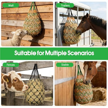 3 Pack Slow Feed Hay Nets for Horses, 40-Inch Durable Mesh Hay Bags with Carabiners and Gloves, Durable Hanging Hay Net for Goat Sheep, Livestock Hay Feeder for Stable Trailer Pasture - size: 3 Pack