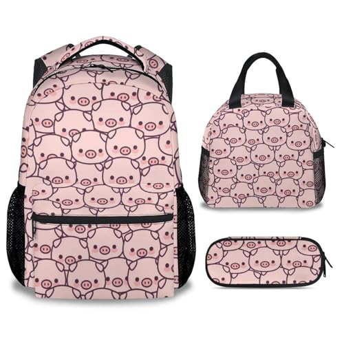 Pig Backpack with Lunch Box and Pencil Case, 16 Inch Cute Pig Bookbag Durable, Lightweight, Large Capacity, Funny Animal Backpack for School Girls Kids Women - color: Style-1-2