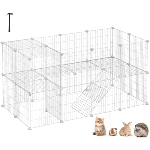 SONGMICS 36 Panels Pet Playpen, Small Animal Playpen, Rabbit Guinea Pig Cage, Zip Ties Included, Metal Wire Apartment-Style Two-Story Pet Premium Villa for Bunnies Puppies, Indoor Use, White ULPI02W - color: White, size: 56.3"L x 28.7"W x 28"H