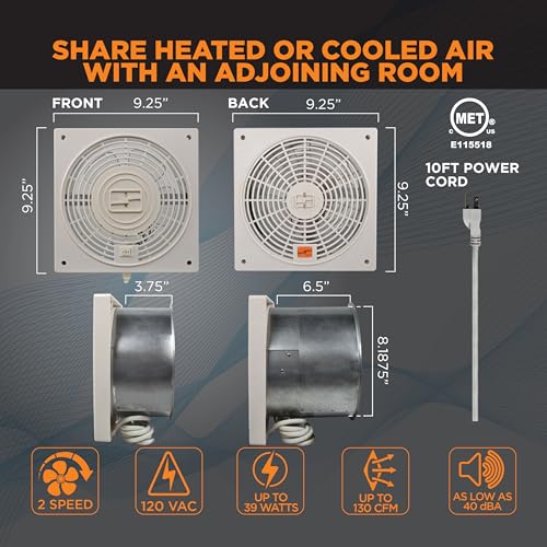 Suncourt ThruWall Room-to-Room Transfer Fan — Quiet Through Wall Vent Fan Improves Air Circulation Between Rooms 100-275 Sq. Ft. | 10’ Power Cord, 2-Speed (TW408) - size: Up to 130 CFM-Corded