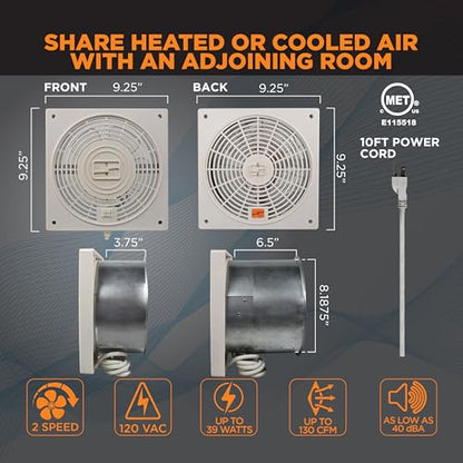 Suncourt ThruWall Room-to-Room Transfer Fan — Quiet Through Wall Vent Fan Improves Air Circulation Between Rooms 100-275 Sq. Ft. | 10’ Power Cord, 2-Speed (TW408) - size: Up to 130 CFM-Corded