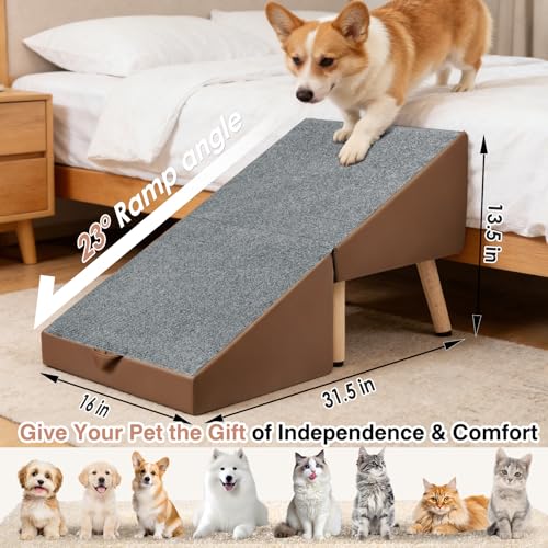 Split Ottoman Dogs Ramp, Dog Ramp for Couch and Bed, Dog Stairs for Small Dogs and Cats, 2-in-1 Foldable Wooden Pet Stairs and Ottoman,Non-Slip Fabric Surface Ramp for Couch and Bed Brown - color: Brown