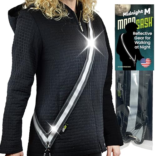 MOONSASH Reflective Sash for Walking At Night | USA-Made | Fitted, Reversible + Patented Night Walking Safety Gear | Perfect Belt/Reflective Vest for Women & Men Alternative | Essential Running Gear - style: MED Midnight Black (60")