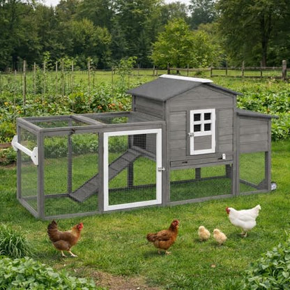 Ketive Chicken Coop with Run and Wheels, Outdoor Wooden Hen House with Nesting Box, Asphalt Roof, Removable Tray, Mobile Poultry Cage Rabbit Hutch - color: Grey, size: 74.8"L x 22.1"W x 39.4"H