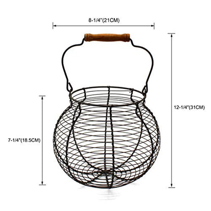 CVHOMEDECO. Antique Wire Egg Basket with Wood Handle Primitives Vintage Gathering Basket. Rusty - size: 8-1/4" Dia. x 7-1/4" H - Rusty