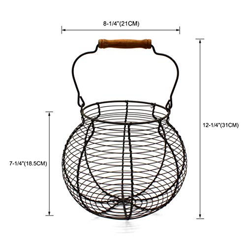 CVHOMEDECO. Antique Wire Egg Basket with Wood Handle Primitives Vintage Gathering Basket. Rusty - size: 8-1/4" Dia. x 7-1/4" H - Rusty