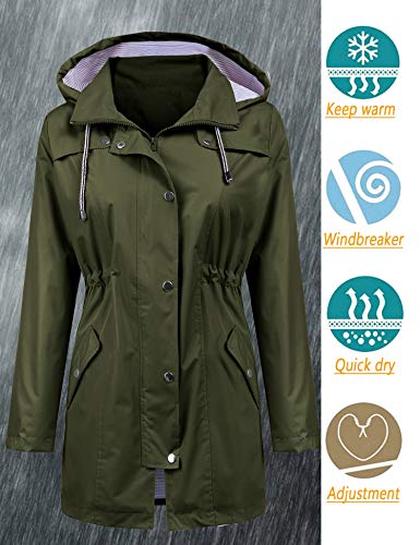 LOMON Raincoat Women Waterproof Long Hooded Trench Coats Lined Windbreaker Travel Jacket S-XXL - color: Army Green, size: XX-Large
