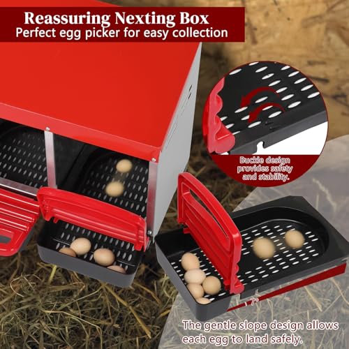 Chicken Nesting Boxes Plastic with Roll Away Egg,3 Compartment Roll Out Chicken Nest Box Egg Laying Box with Lid Cover,Rolling Egg Collection & Protection Chicken Coop for Up to 3 Hens,Red - color: Red, size: 31.9"L x 20.1"W x 18.5"H