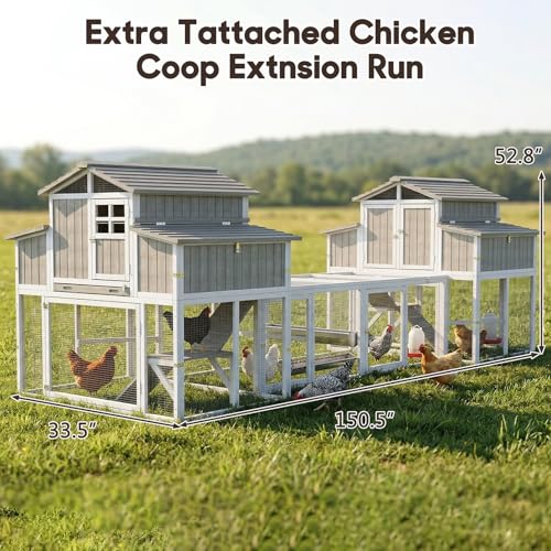 Extra Large Connected Chicken Coop with Center Run for 6–10 Chickens, Dual Wooden Hen Houses, 2-Tier Elevated Design, Nesting Boxes, Pull-Out Tray, Reinforced Frame, Grey - color: Grey