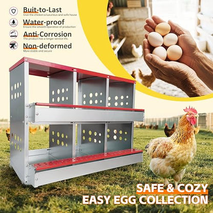 6-Compartment Roll Away Chicken Nesting Box for Hens, 32.6 Inch | Metal build, Egg collection tray, Perch, Protective lid, Wall mount, Freestanding setup, Ducks, Backyard coop, Barn supply - size: 32.6"L x 16.9"W x 24.4"H