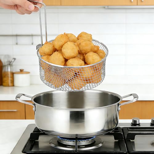 MAGICLULU Stainless Steel Fryer Basket with Detachable Handle, 6.7Inch Round Deep Frying Basket for Pot, Multifunctional Wire Mesh Strainer for Frying Serving Restaurants Kitchen Use