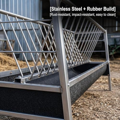 77 Gallon Anti-Waste Hay Feeder, Rustproof Stainless Steel Livestock Feeder with Rubber Trough, Sturdy Farm Feeding Equipment for Goats, Sheep, Calves, Horses