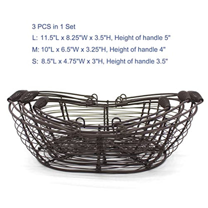 CVHOMEDECO. Oval Metal Wire Storage Baskets Rustic Egg Baskets with Swing Handles Farmhouse Gathering Baskets. Rusty, Set of 3